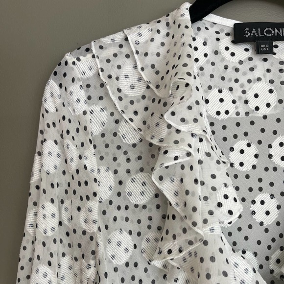 SALONI Iman Silk Wrap Blouse White Black Polka Dot Ruffles Sheer Contemporary - Picture 10 of 16